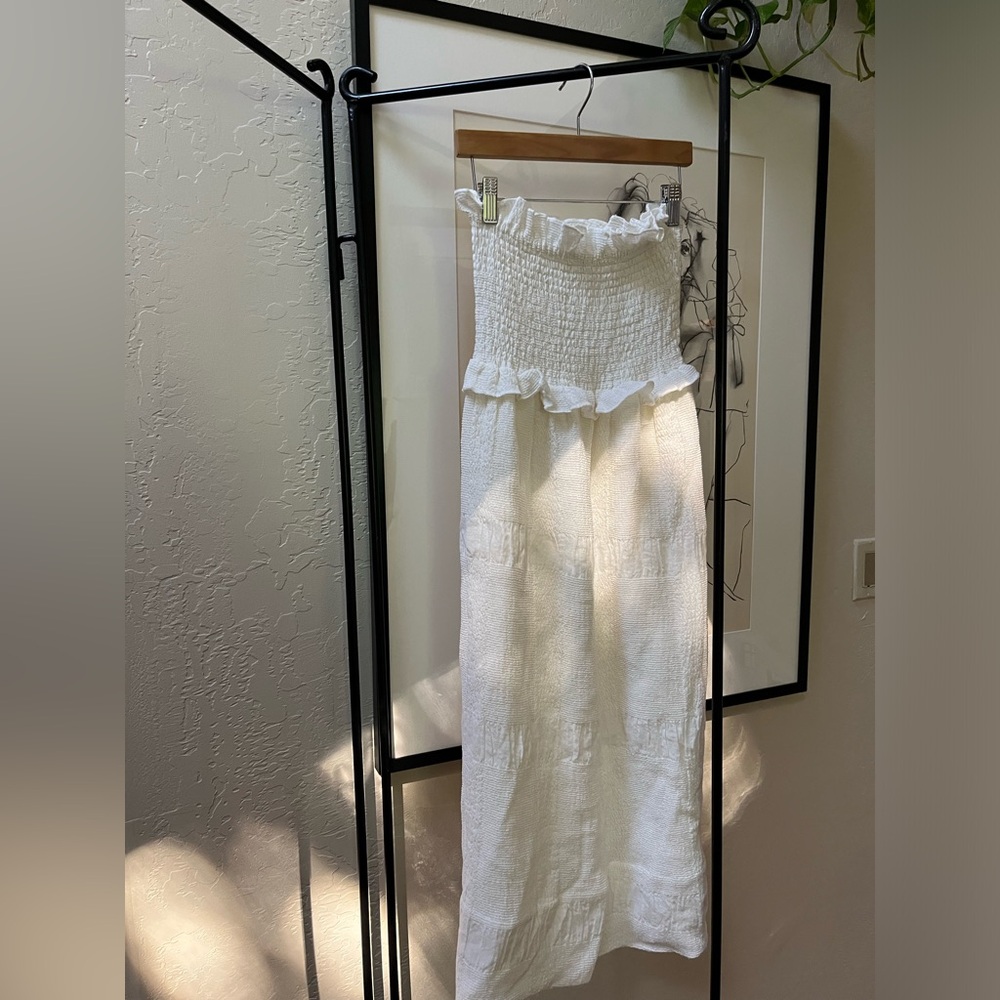 Shona Joy White Strapless Smocked Midi Dress with Ruffle Waist